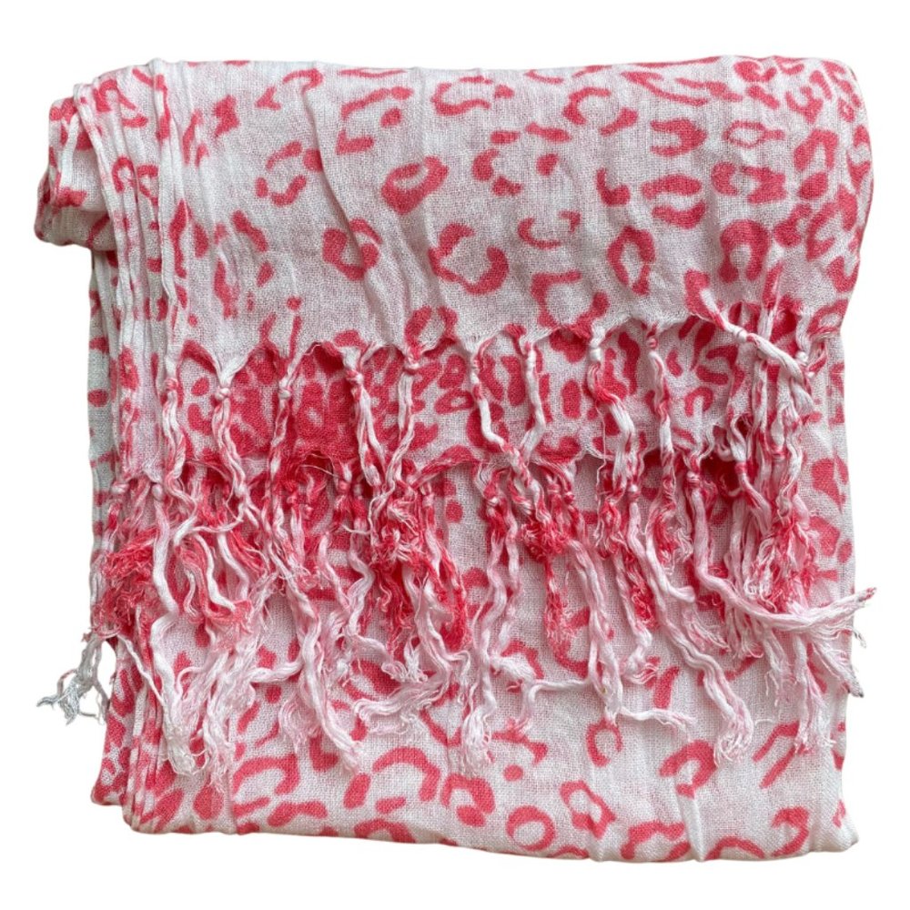 Pink Leopard Print Scarf With Fringe